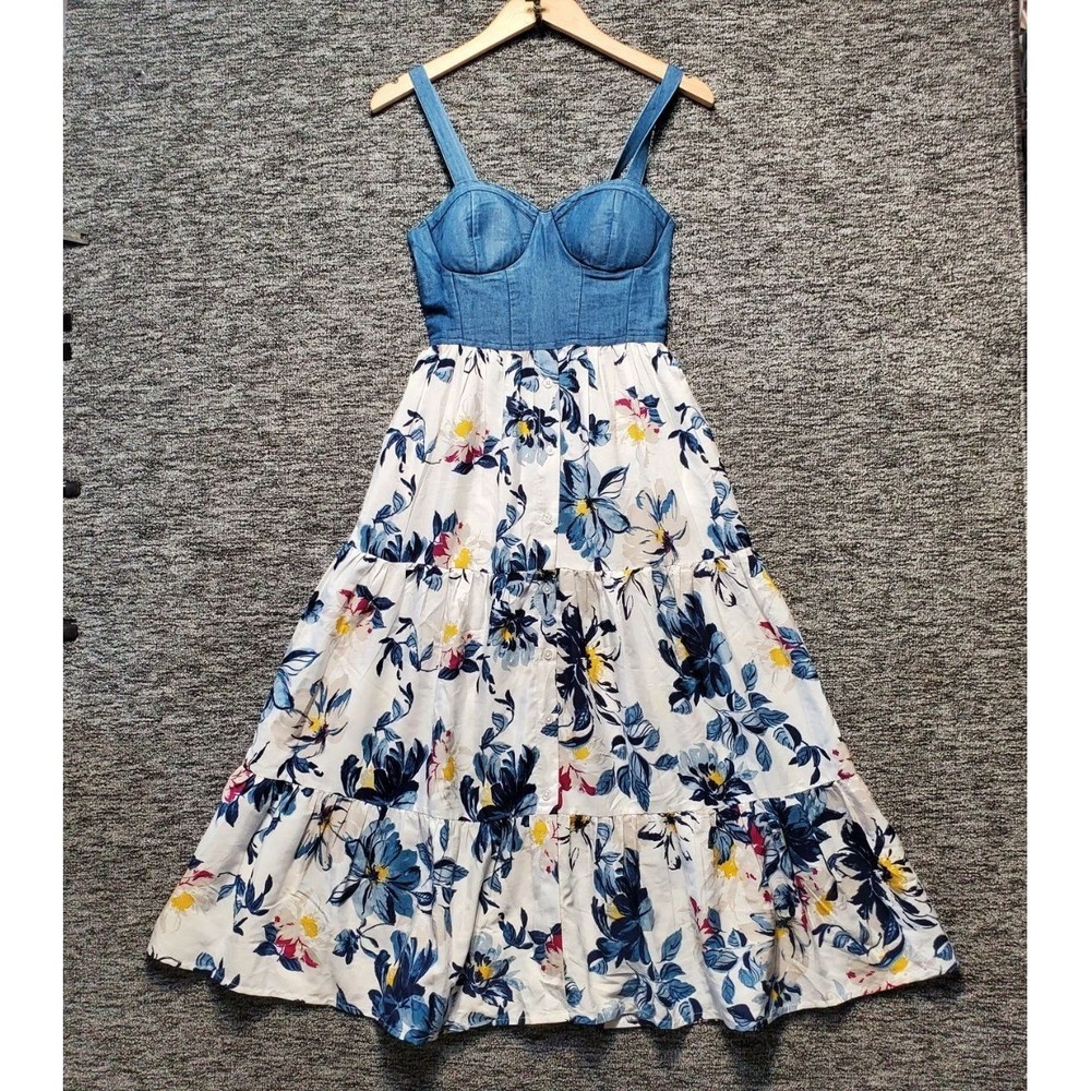 Band of the Free Midi Dress Women XS Ivory Blue Denim Floral Bustier Cottagecore